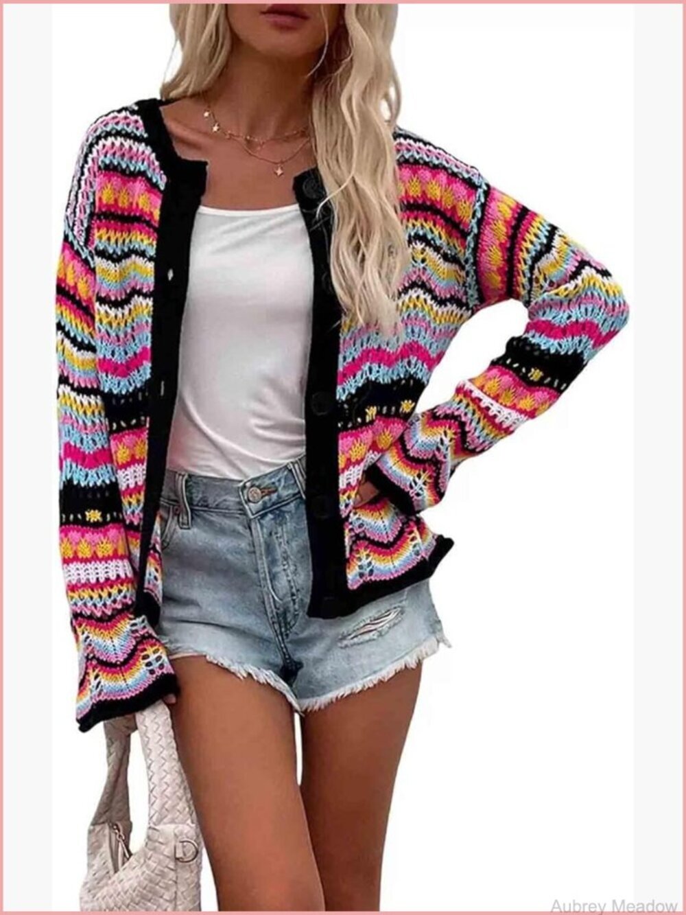 Rainbow Striped Loose Knit Sweater Cardigan for Women